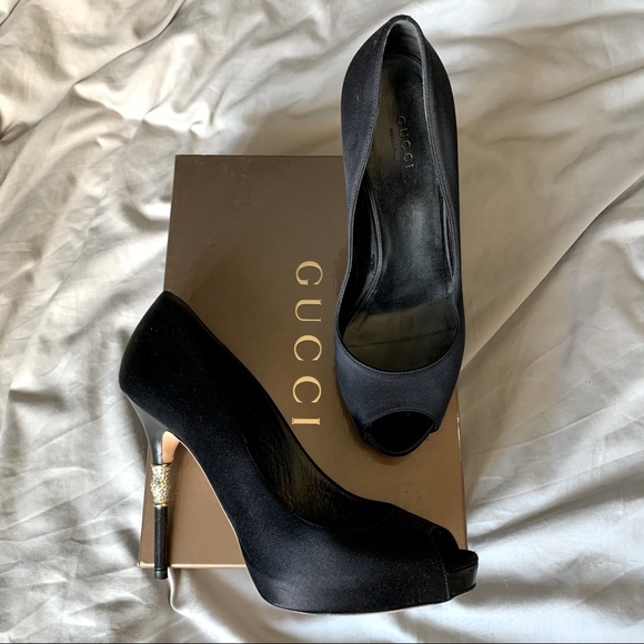 Gucci Shoes 39 Heels Peeptoe Raso Seta Nero 600 - Picture 3 of 13